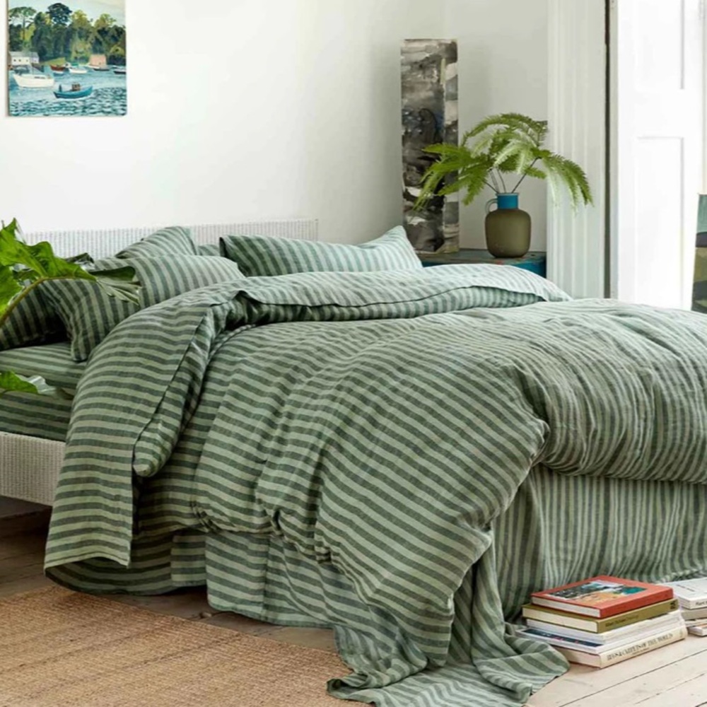 Piglet In Bed Twin Size Pine Green Stripe 100% Linen Duvet Cover